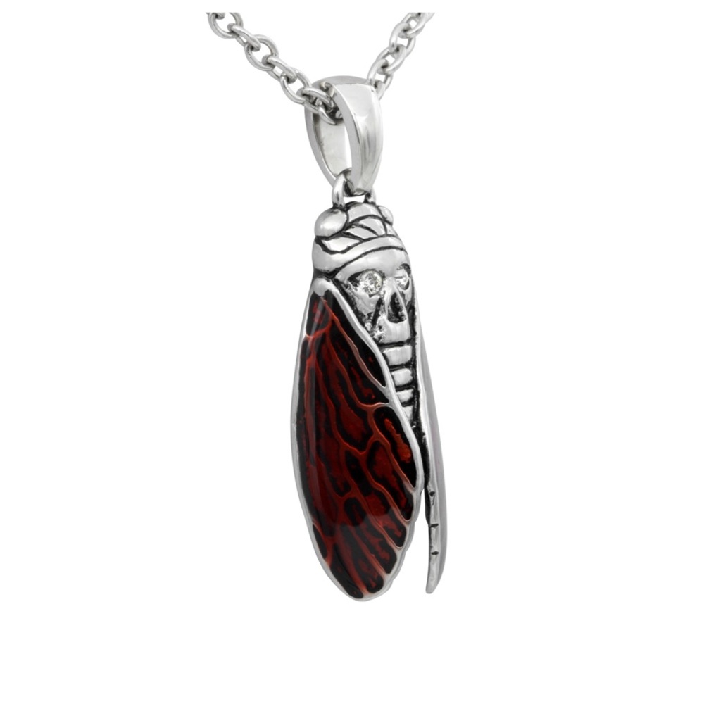 Skull Cicada Necklace with Red Wings -NWT- Stainless Steel With Austrian Crystal - Picture 3 of 6